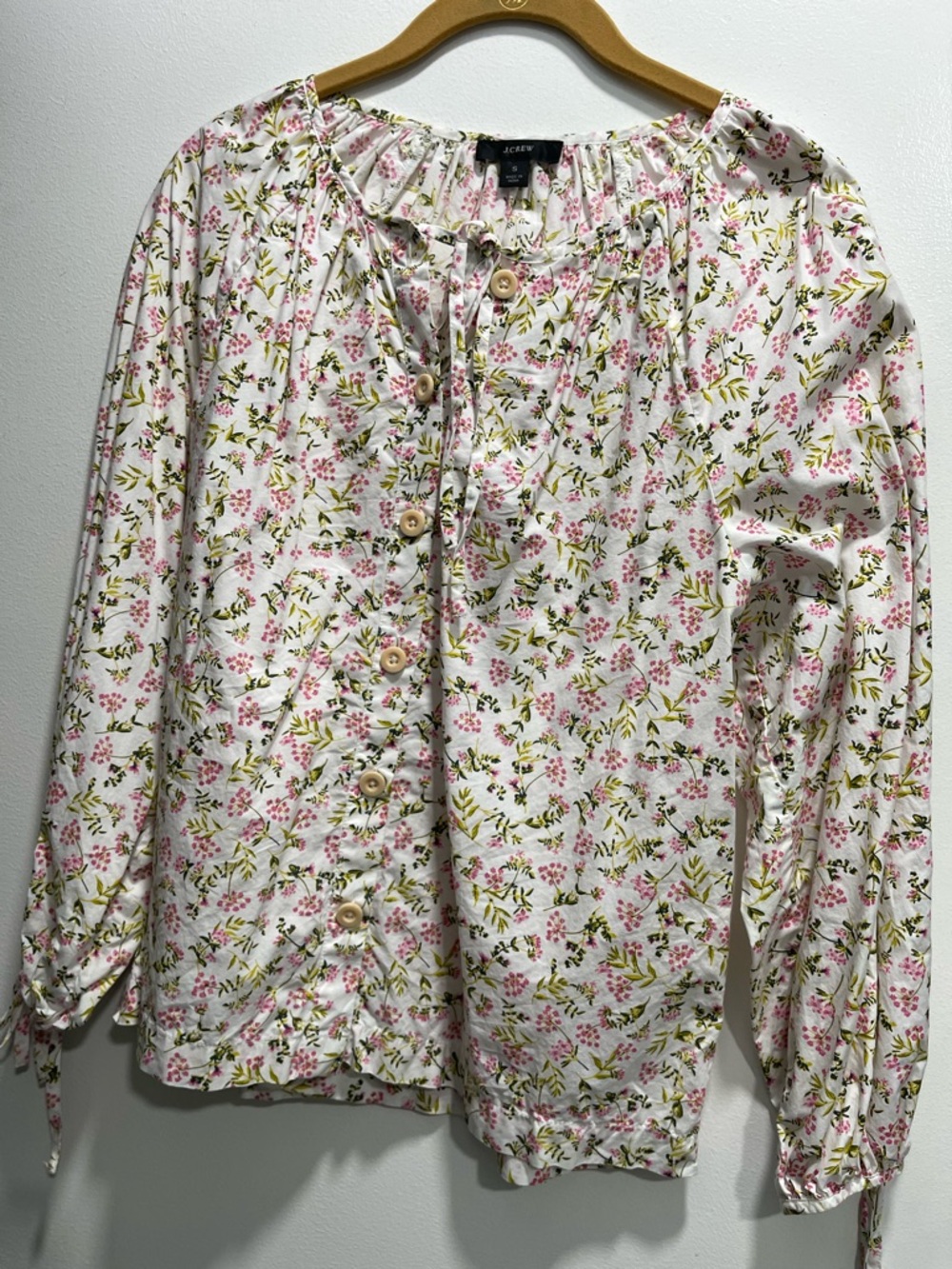 J. Crew White Blouse with Pink & Green Floral Print
